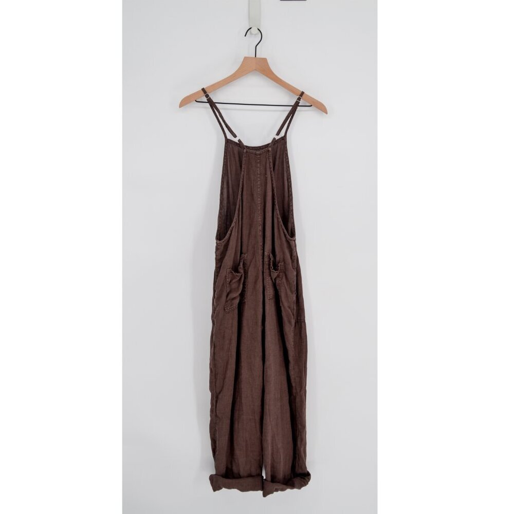 BDG UO Women's Misty Linen Jumpsuit Dark Brown XS Relaxed Utility Lagenlook - Picture 2 of 5